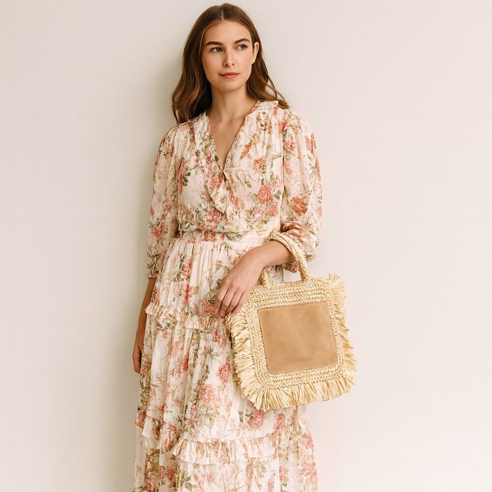 Caterina Bertini Fringe Raffia Straw Tote Handbag with Large Suede Pocket NWT